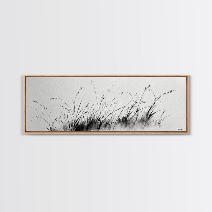 Minimalist Grass Ink Wall Art, Black And White Botanical Canvas Print, Japandi Decor, Neutral Wall Decor, Above Bed Art Print