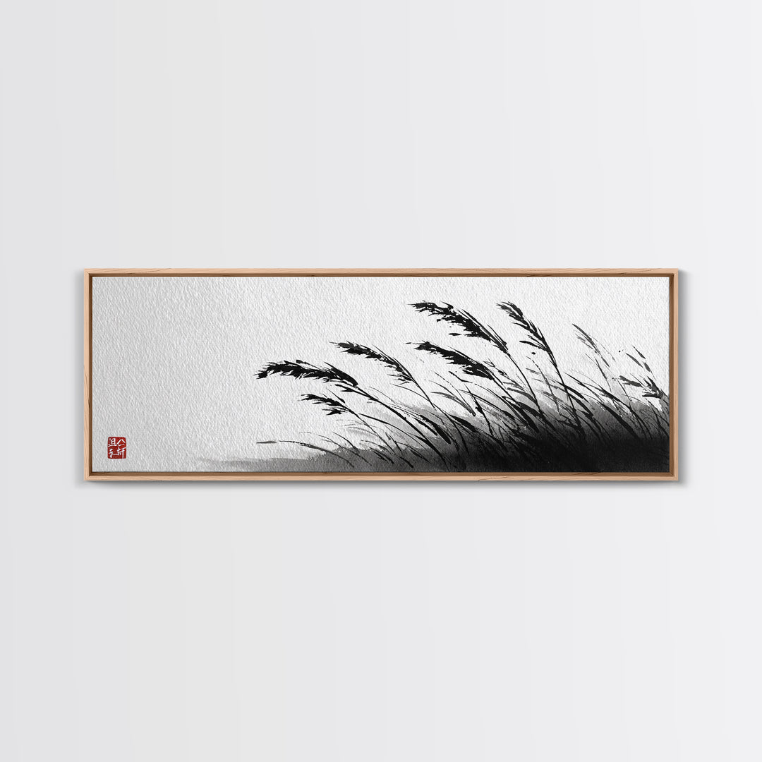 Minimal Ink Grass Reeds Canvas Print, Black And White Japandi Nature Wall Art For Calm Bedroom Decor And Zen Home Decor Print