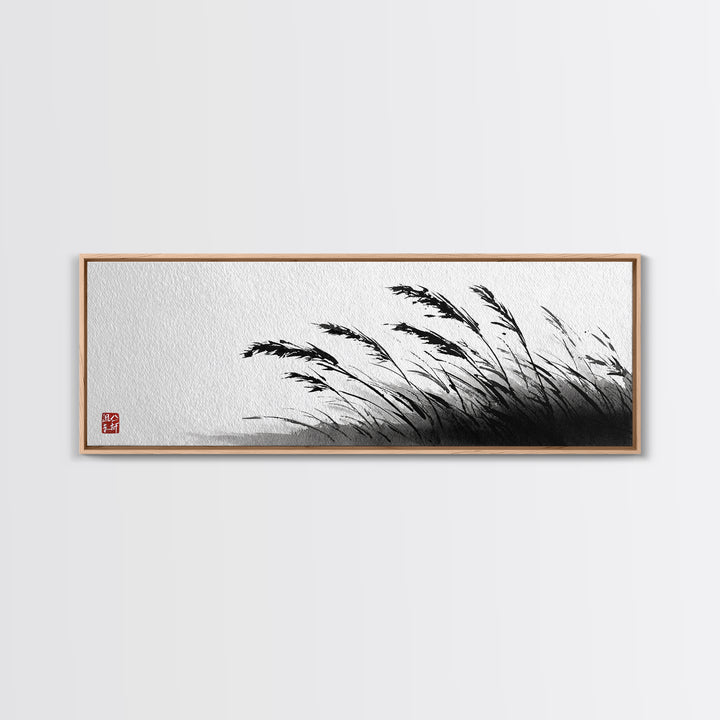 Minimal Ink Grass Reeds Canvas Print, Black And White Japandi Nature Wall Art For Calm Bedroom Decor And Zen Home Decor Print