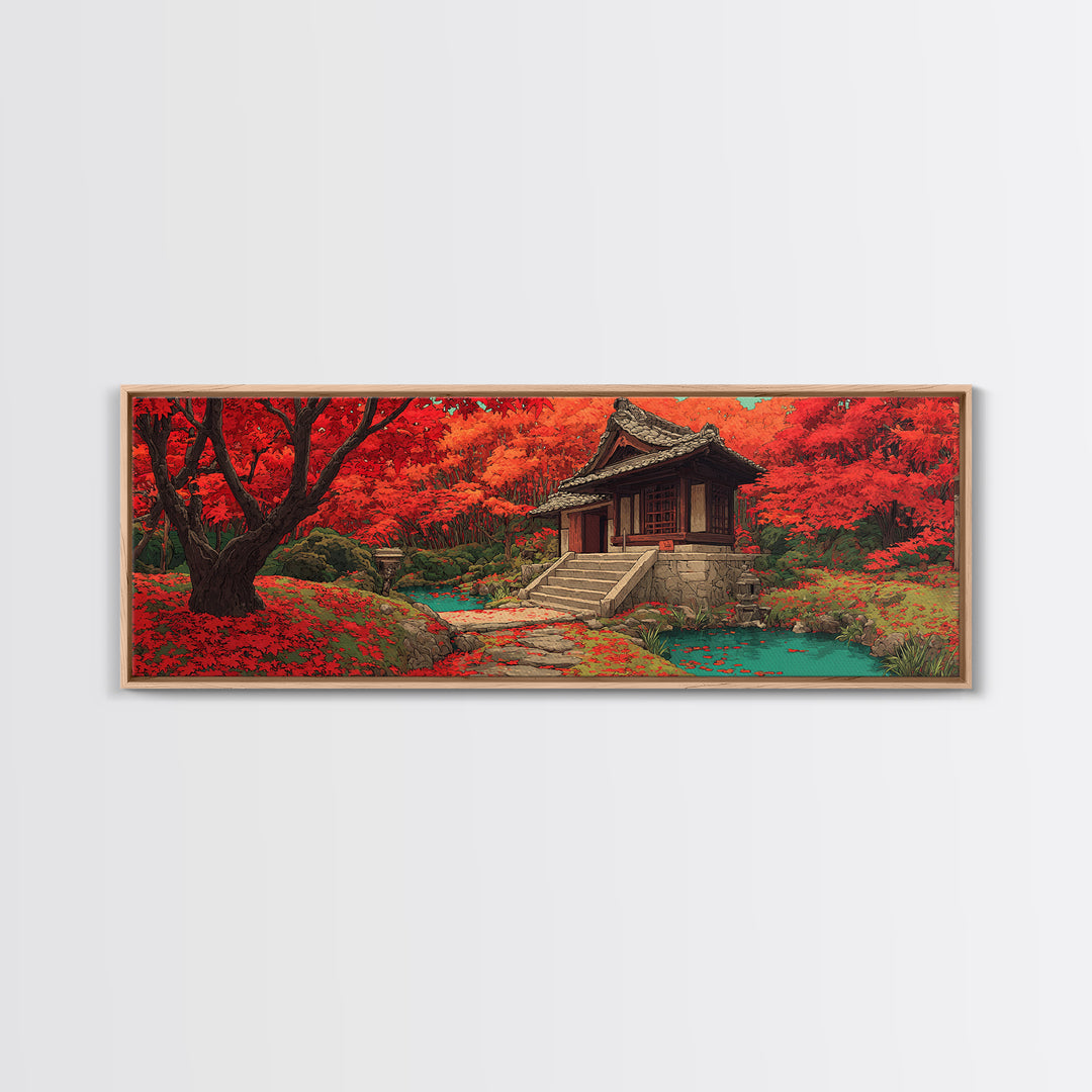 Red Maple Temple And Teal Pond Wall Art, Japanese Landscape, Autumn Forest Decor, Zen Home Decor, Panoramic Canvas Print