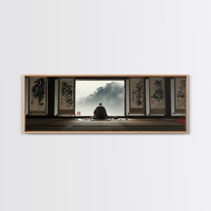 Zen Monk Viewing Misty Mountains Wall Art, Japanese Ink Framed Canvas Print, Meditation Room Decor, Japandi Home Decor, Zen Decor
