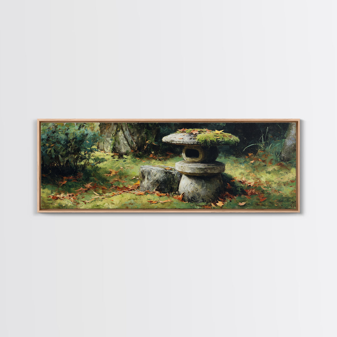 Mossy Japanese Stone Lantern Wall Art, Zen Garden Oil Painting Print, Japandi Decor, Tranquil Nature Framed Canvas Print