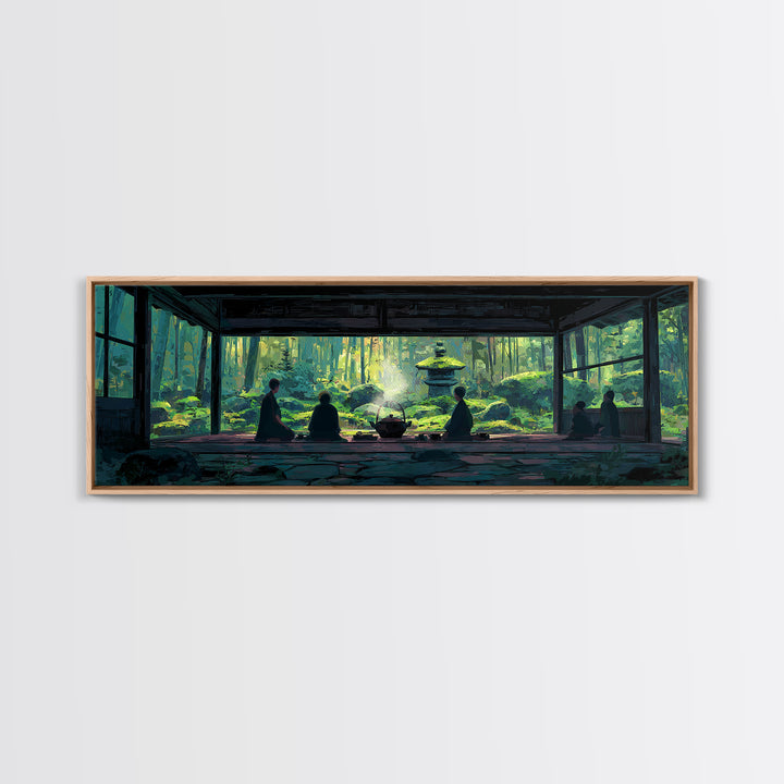 Serene Zen Tea Room With Forest Garden Canvas Print, Japanese Wall Art, Meditation Room Decor, Japandi Nature Landscape Art