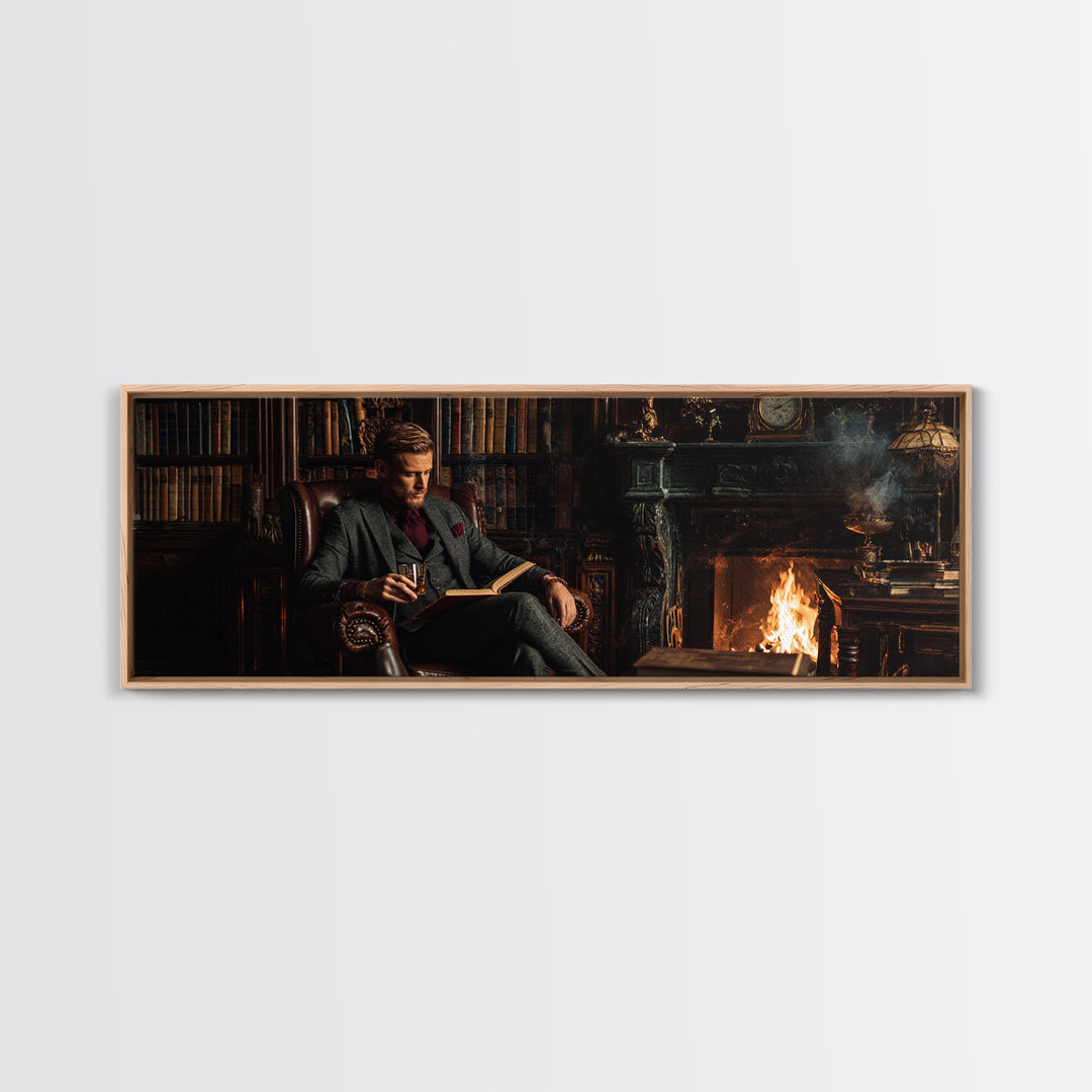 Gentleman Reading By Fireplace Wall Art, Dark Academia Library Canvas Print, Cozy Office Decor, Book Lover Housewarming Gift