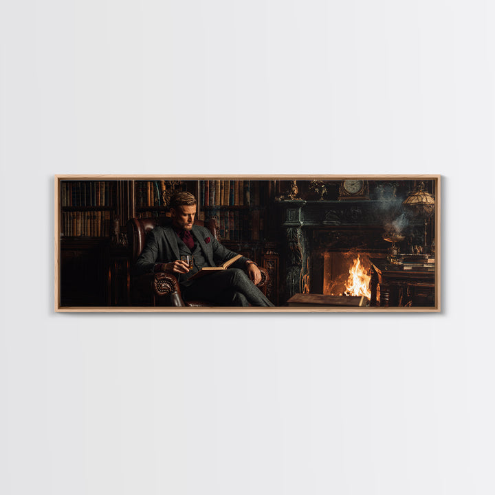 Gentleman Reading By Fireplace Wall Art, Dark Academia Library Canvas Print, Cozy Office Decor, Book Lover Housewarming Gift