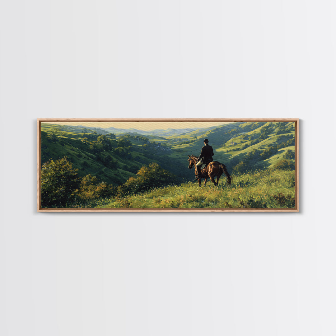 Horse Rider Over Green Valley Wall Art, Panoramic Landscape Canvas Print, Western Country Home Decor, Equestrian Gift For Him