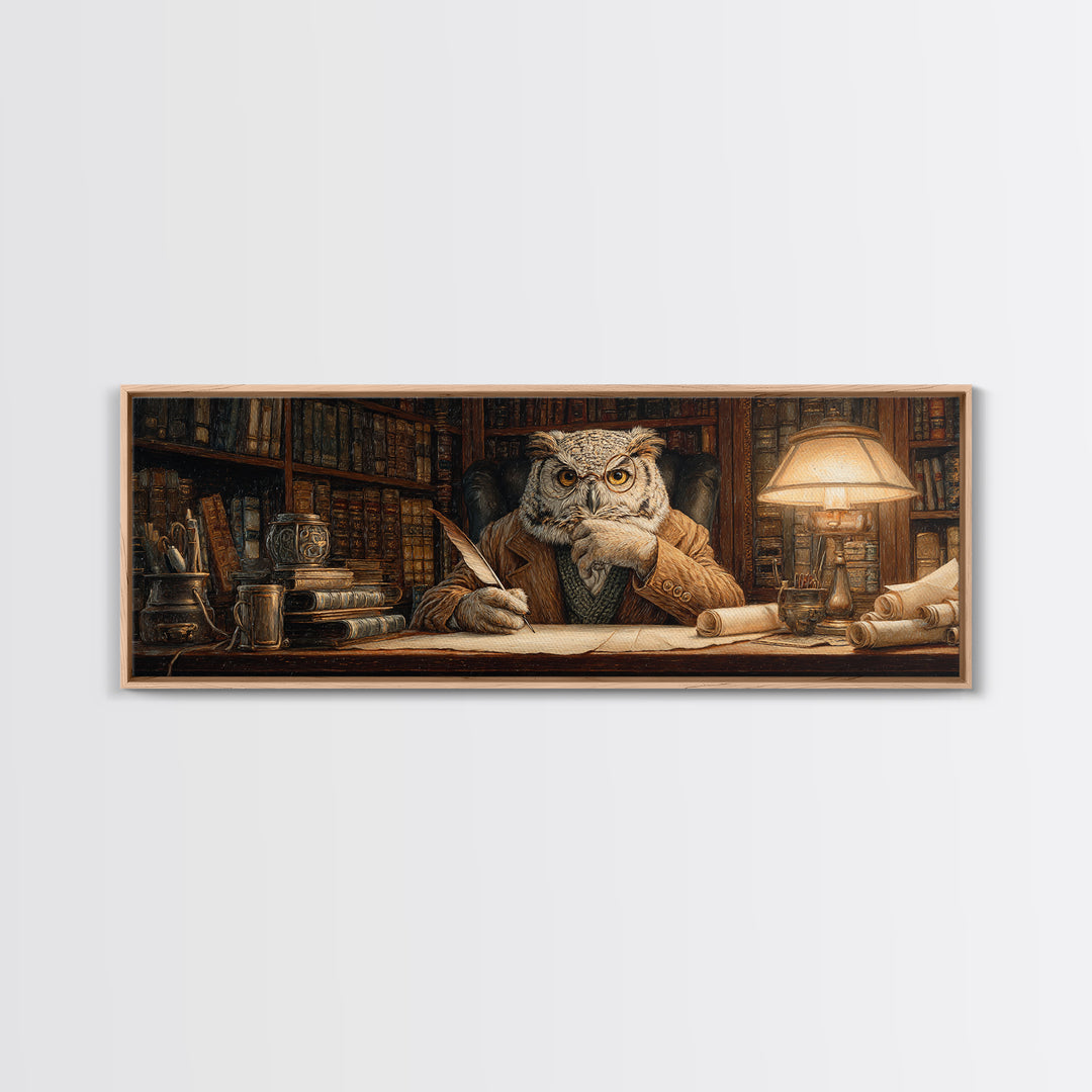 Wise Owl Librarian At Antique Desk Wall Art, Dark Academia Library Decor, Whimsical Animal Art Print For Book Lovers Gift