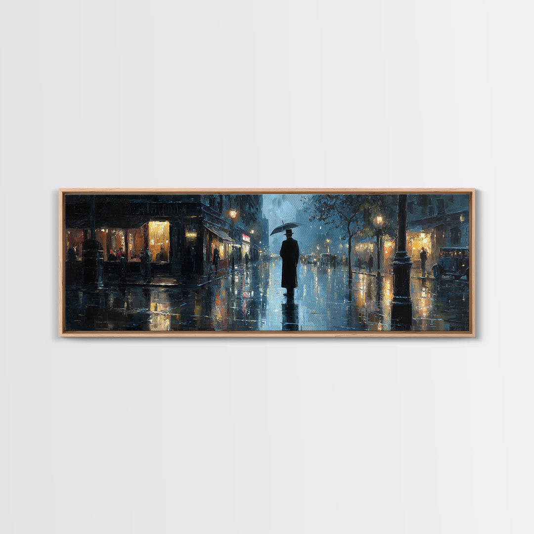 Rainy City Street With Umbrella Wall Art, Moody Urban Landscape Print, Blue Night Office Decor, Contemporary Canvas Print
