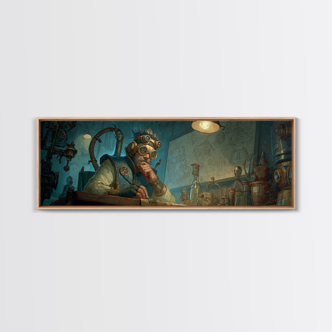 Steampunk Inventor Writing In Blue Laboratory Wall Art, Futuristic Science Decor, Industrial Office Art Print, Gift For Him