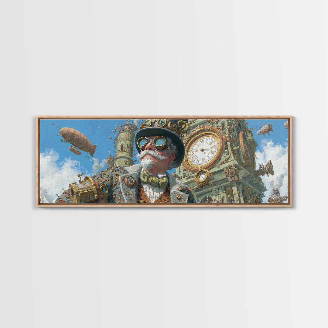 Steampunk Gentleman With Goggles And Clock Tower Wall Art, Victorian Airship Canvas, Industrial Office Decor For Living Room