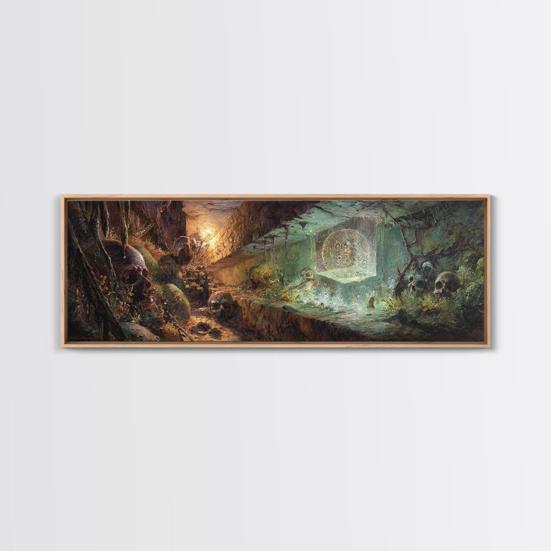 Glowing Crypt Relic Dungeon Fantasy Wall Art, Dark Academia Decor, Gothic Canvas Print, Skull Cave Adventure Art For Game Room