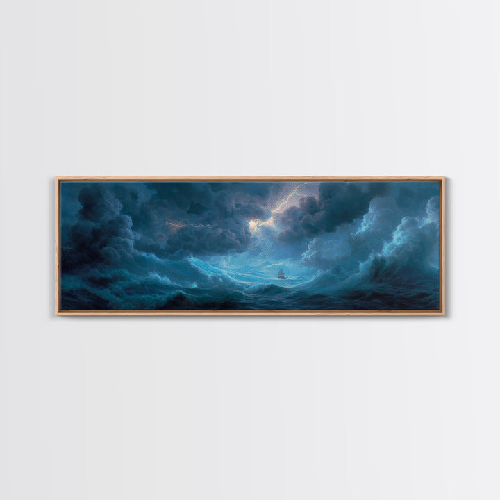 Stormy Ocean Ship Seascape Wall Art, Dramatic Nautical Canvas Print, Blue Coastal Living Room Decor, Moody Sea Gift For Him