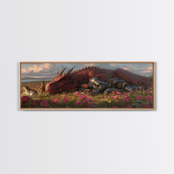 Sleeping Knight With Red Dragon In Flower Meadow Wall Art, Whimsical Fantasy Canvas Print, Nursery Decor Gift For Her And Kids