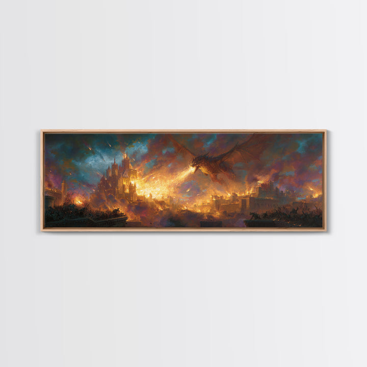 Fire Breathing Dragon Over Burning City Wall Art, Epic Fantasy Canvas Print, Medieval Castle Home Decor, Gamer Gift For Him
