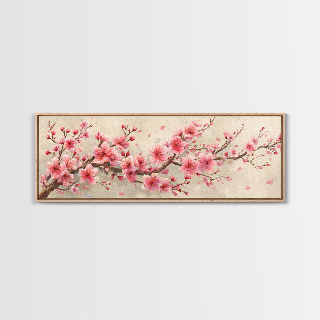 Pink Cherry Blossom Branch Canvas Print, Japanese Spring Wall Art, Botanical Floral Decor, Above Bed Panoramic Artwork Gift
