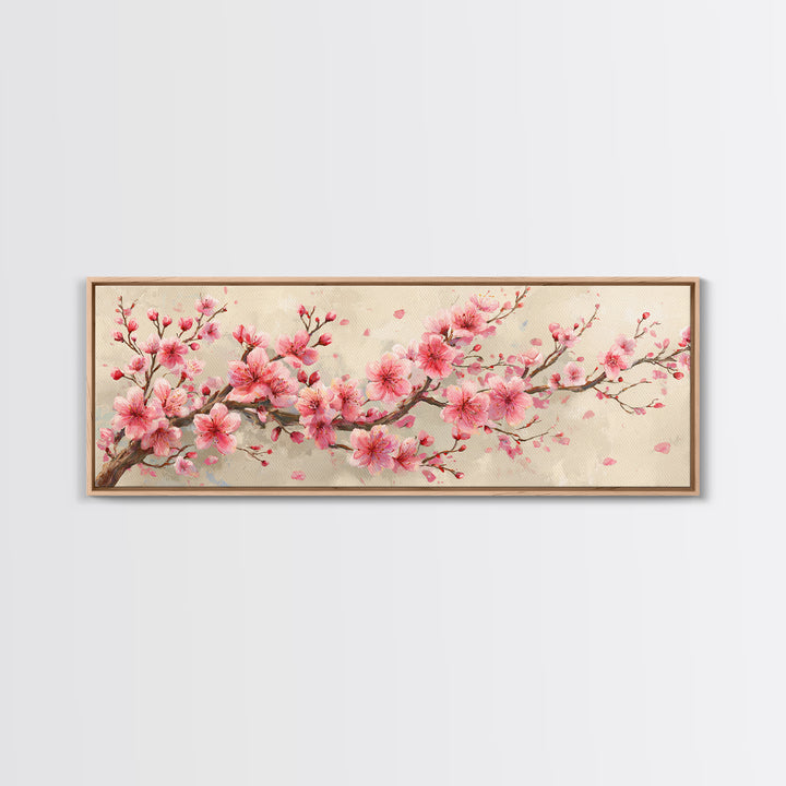 Pink Cherry Blossom Branch Canvas Print, Japanese Spring Wall Art, Botanical Floral Decor, Above Bed Panoramic Artwork Gift