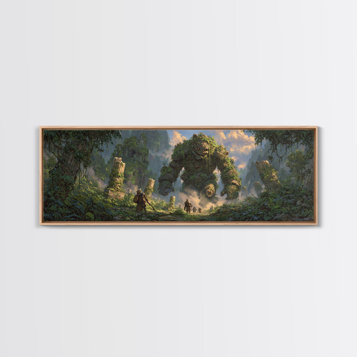 Ancient Jungle Golem Ruins With Adventurers Canvas Print, Fantasy Wall Decor, Large Landscape Art, Mythical Home Decor Gift