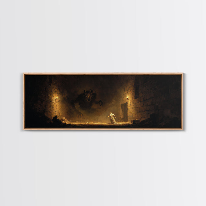 Torchlit Dungeon Minotaur Encounter Framed Canvas Print, Dark Fantasy Wall Art, Gothic Decor, Fantasy Gift For Him, Moody Wall Decor