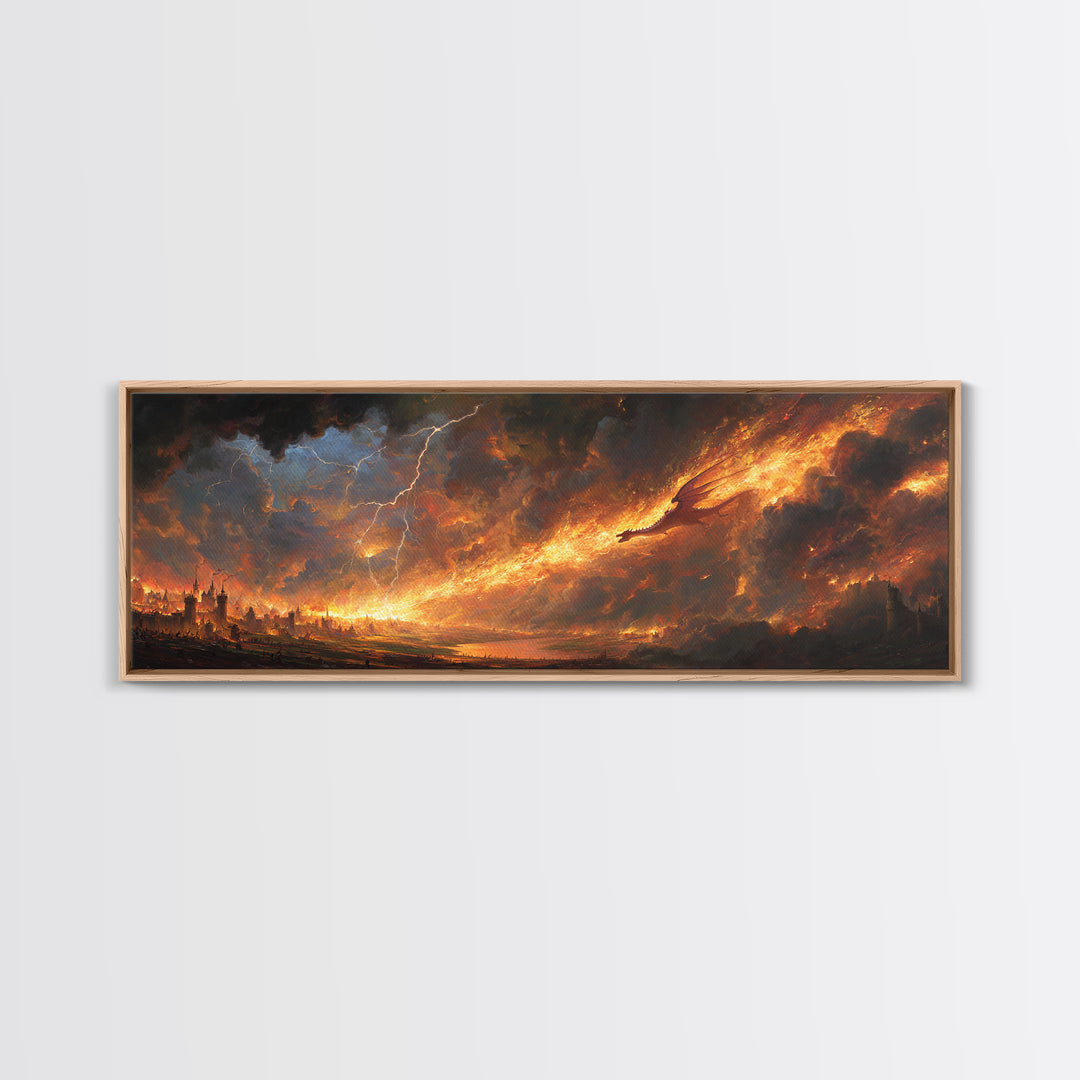 Apocalyptic Fire Dragon Over Burning City Canvas Print, Dark Fantasy Wall Art, Stormy Landscape, Dramatic Game Room Decor