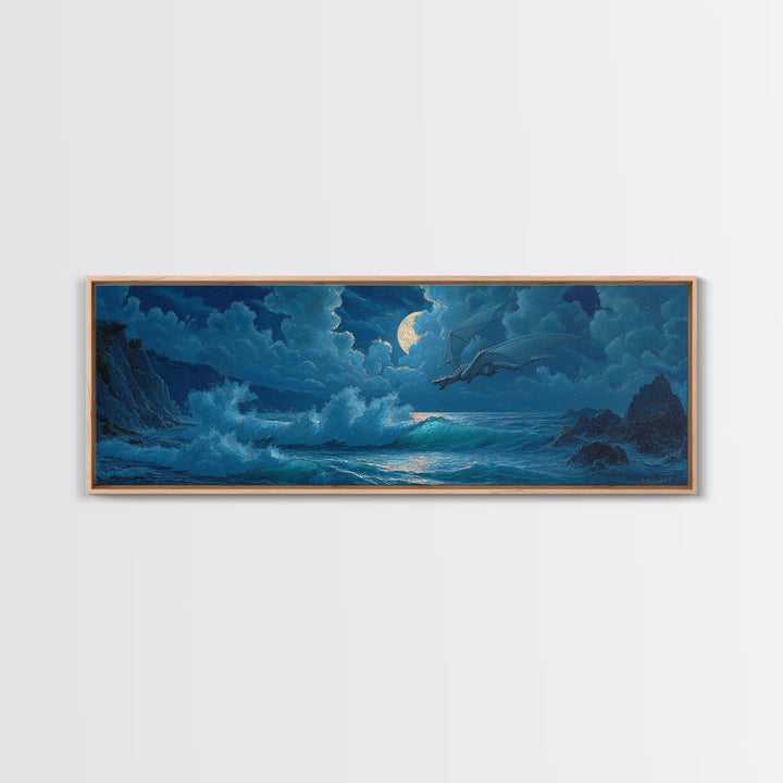 Moonlit Ocean Dragon Above Crashing Waves Canvas Print, Fantasy Wall Art, Nautical Decor, Blue Coastal Seascape Print Gift