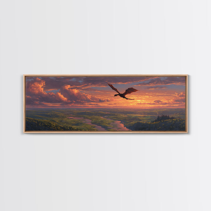 Sunset Dragon Flight Over River Valley Canvas Print, Fantasy Landscape Wall Art, Colorful Nature Art, Living Room Decor Gift