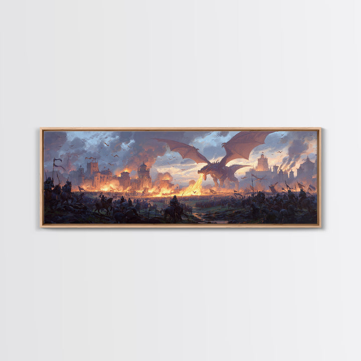 Epic Dragon Siege Over Burning Kingdom Framed Canvas Print, Fantasy Wall Art, Medieval Battle Decor, Game Room Art, Large Wall Decor