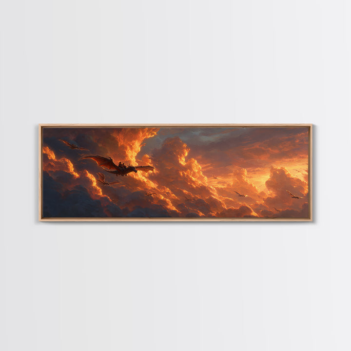 Golden Storm Clouds With Soaring Dragons Canvas Print, Fantasy Wall Art, Sunset Sky Decor, Epic Landscape Art Print, Living Room Decor