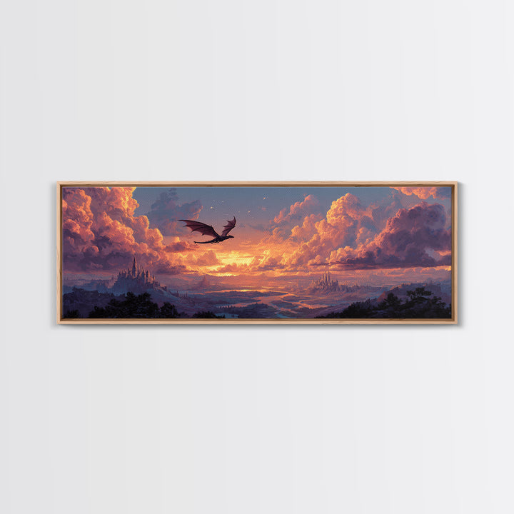 Pastel Dragon Over Cloud Castles At Sunset Canvas Print, Fantasy Landscape Wall Art, Whimsical Decor, Dreamy Nursery Art