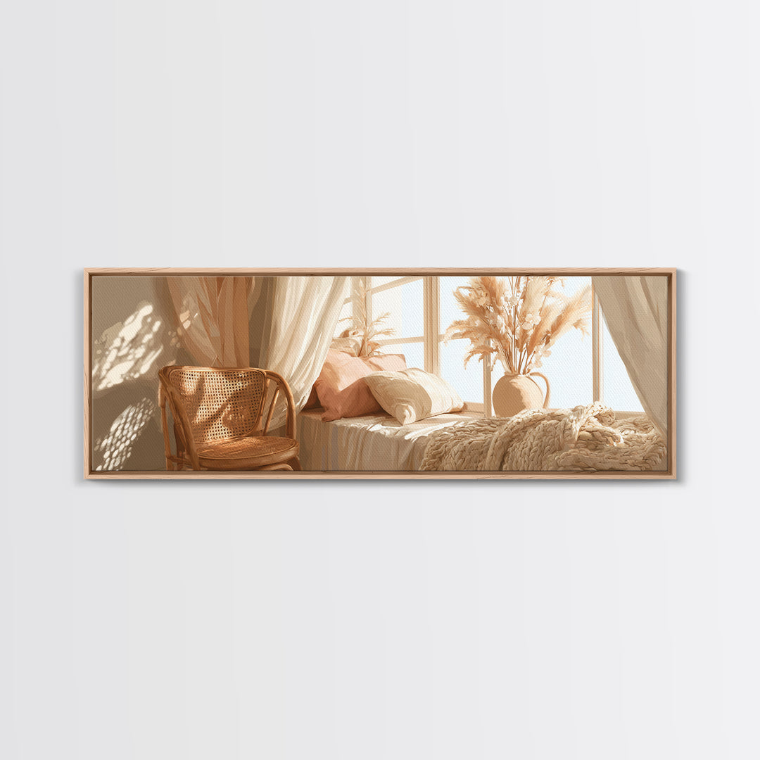 Sunlit Boho Bedroom With Pampas Grass Wall Art, Warm Neutral Above Bed Decor, Cozy Home Decor, Large Horizontal Canvas Print