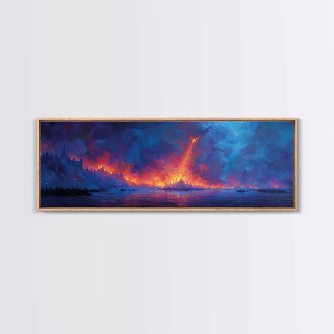 Fire Dragon Over Burning Forest Wall Art, Fantasy Landscape Canvas Print, Dark Moody Wall Decor, Panoramic Art Gift For Him