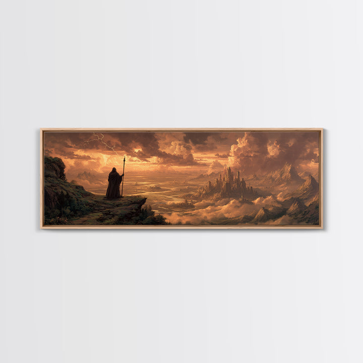 Wizard Over Golden Cloud City Framed Canvas Print, Fantasy Landscape Wall Art, Medieval Home Decor, Epic Castle Gift For Him