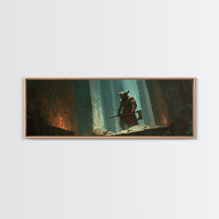 Minotaur Warrior In Ancient Forest Framed Canvas Print, Dark Fantasy Wall Art, Gothic Decor, Mythological Art Gift For Him