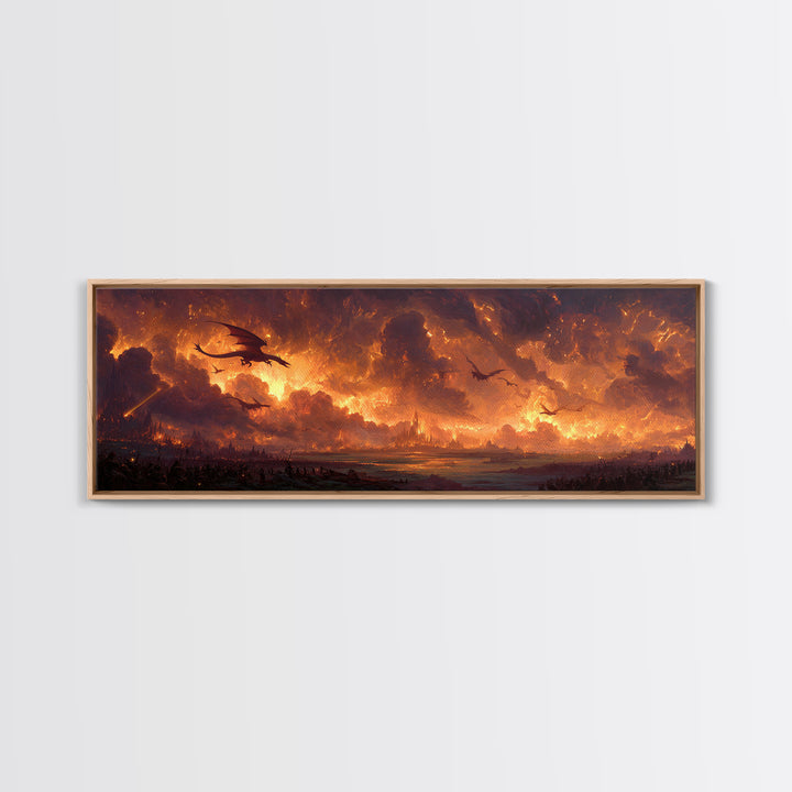 Fiery Dragons Over Apocalyptic Kingdom Framed Canvas Print, Dark Fantasy Wall Art, Epic Dragon Battle Home Decor For Game Room