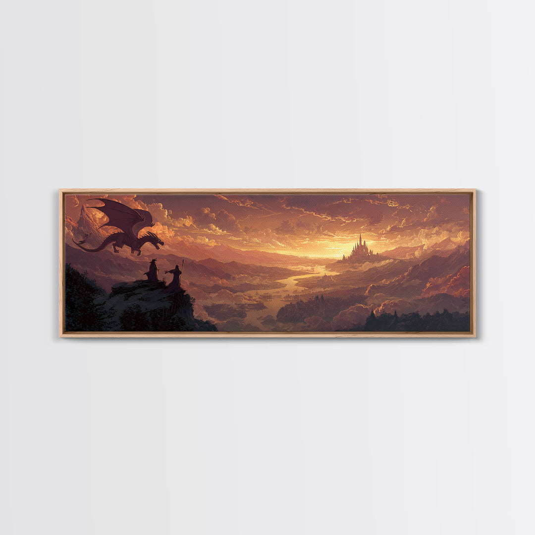 Sunset Dragon Watchers Above Golden Valley Canvas Print, Fantasy Landscape Wall Art, Medieval Castle Home Decor Gift For Him