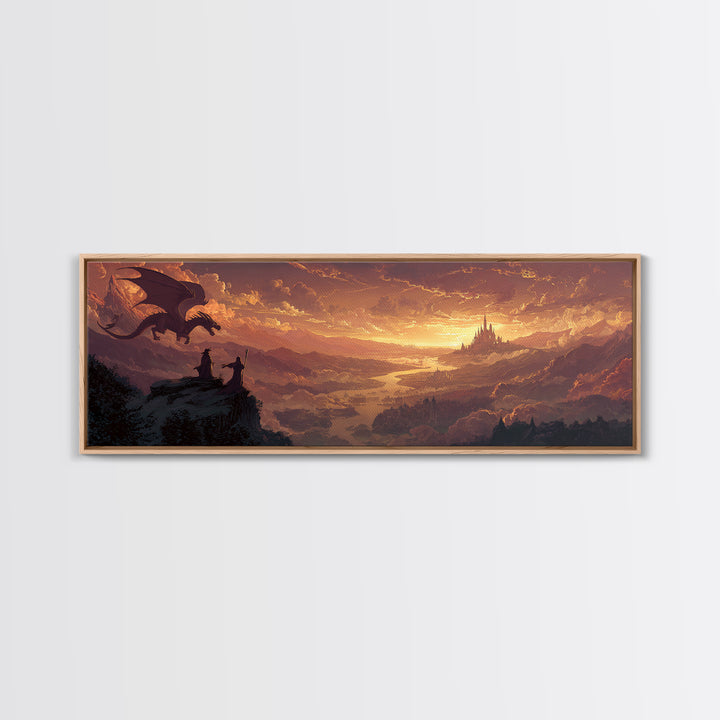 Sunset Dragon Watchers Above Golden Valley Canvas Print, Fantasy Landscape Wall Art, Medieval Castle Home Decor Gift For Him