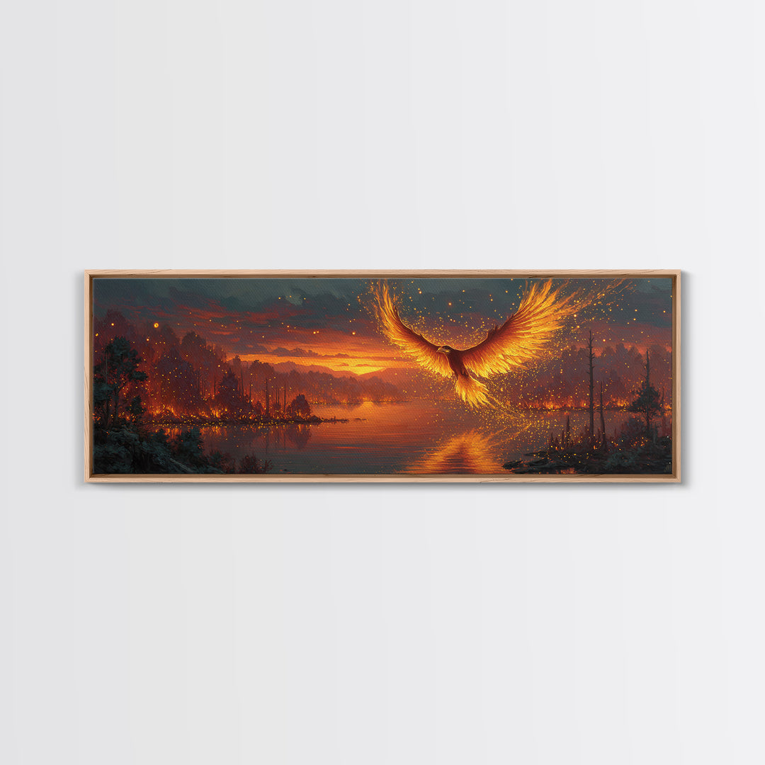 Fiery Phoenix Rising Over Burning Lake Framed Canvas Print, Fantasy Bird Wall Art, Large Vibrant Nature Home Decor Gift For Her