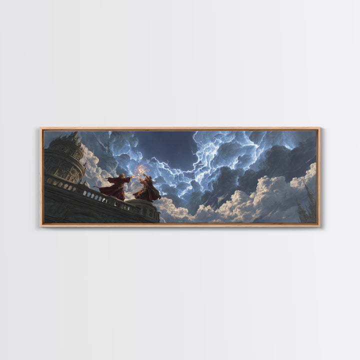 Wizards Casting Lightning Above Storm Clouds Framed Canvas Print, Dark Fantasy Wall Art, Dramatic Gothic Home Decor Gift