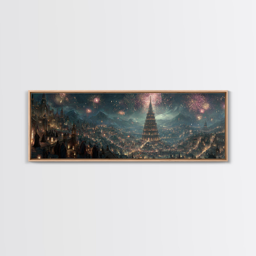 Grand Fantasy City With Fireworks And Tower Framed Canvas Print, Magical Castle Wall Art, Night Skyline Home Decor Gift For Her