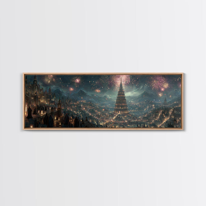 Grand Fantasy City With Fireworks And Tower Framed Canvas Print, Magical Castle Wall Art, Night Skyline Home Decor Gift For Her