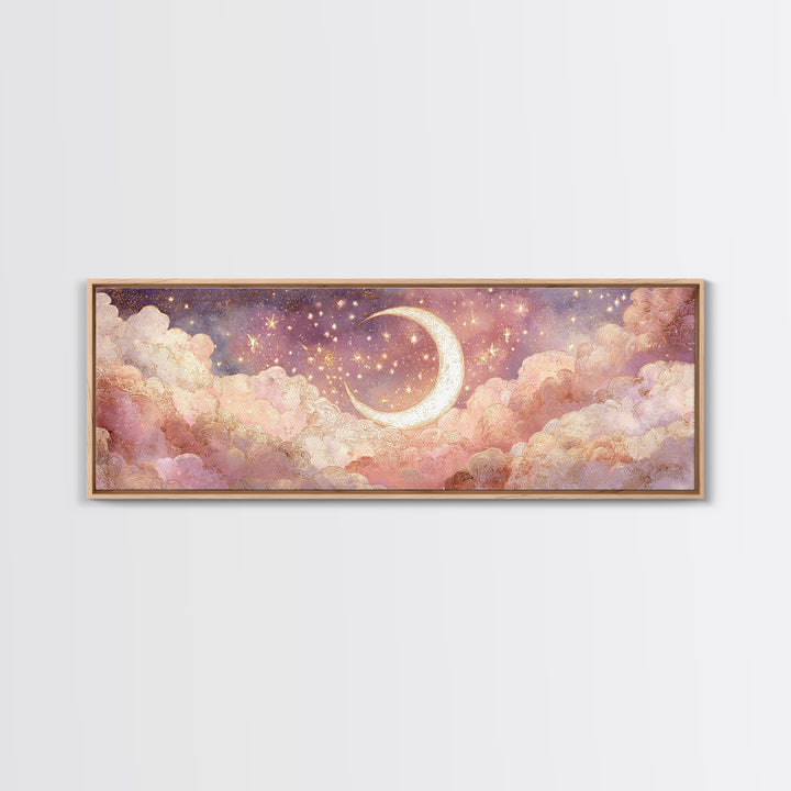 Glowing Crescent Moon In Pink Clouds Wall Art, Dreamy Celestial Nursery Decor, Whimsical Bedroom Decor, Framed Canvas Print