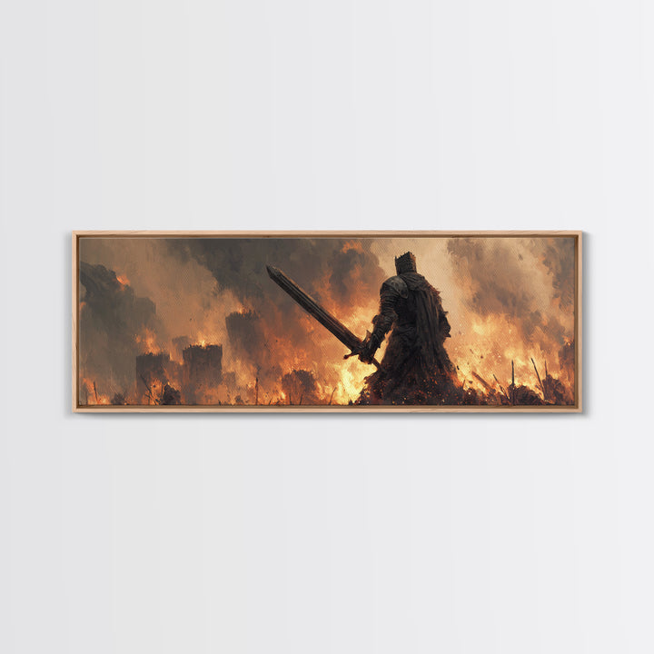 Epic Knight Dark Fantasy Sword Warrior Fire Castle Scene Canvas Print Wall Art For Medieval And Fantasy Home Decor