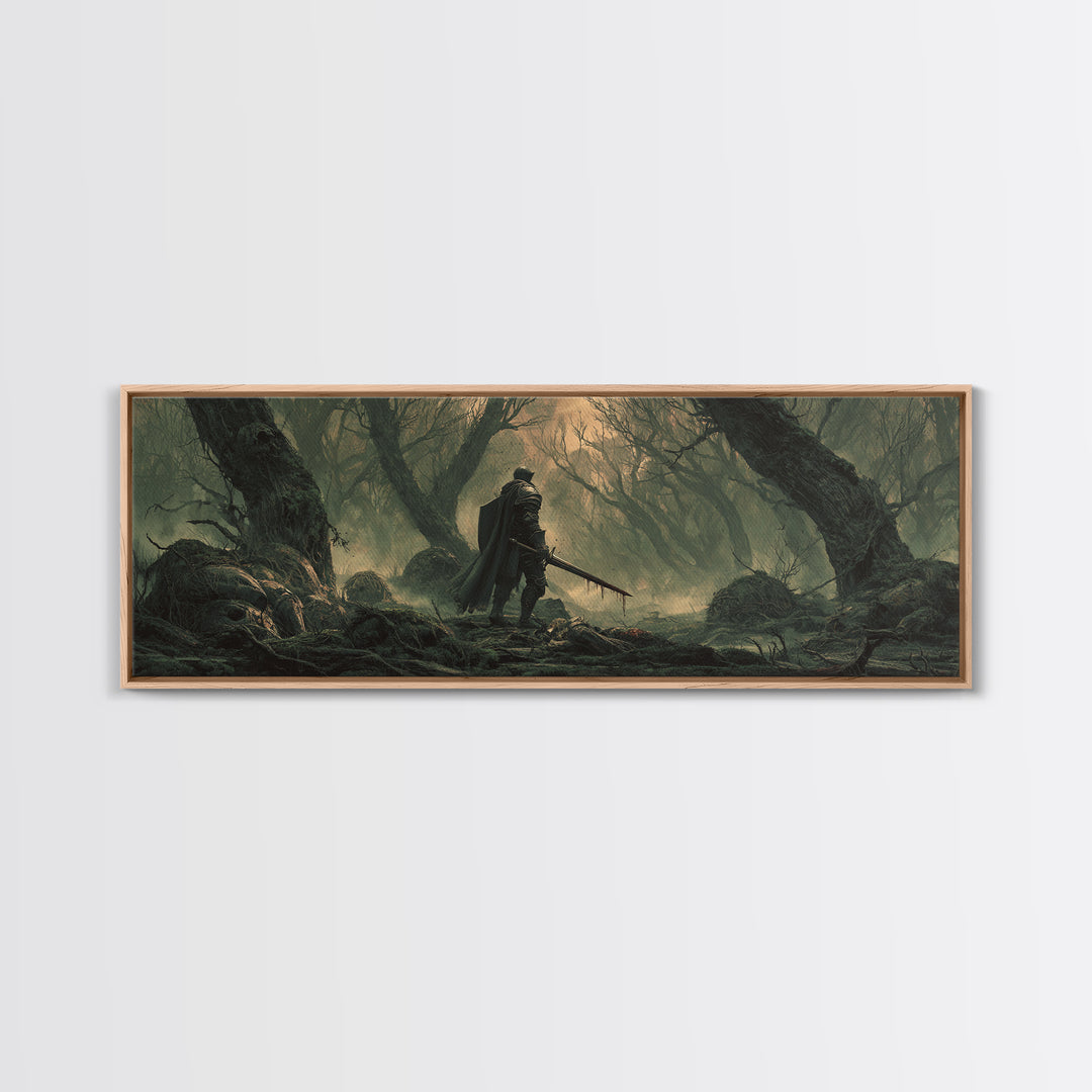 Dramatic Moody Forest Warrior Knight Painting Dark Art Framed Canvas Print Medieval Wall Art Home Decor