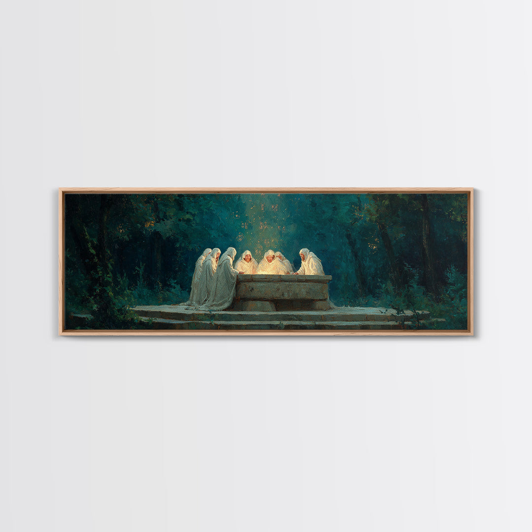 Spiritual Gathering Of Monks Around Glowing Stone Altar Framed Canvas Print