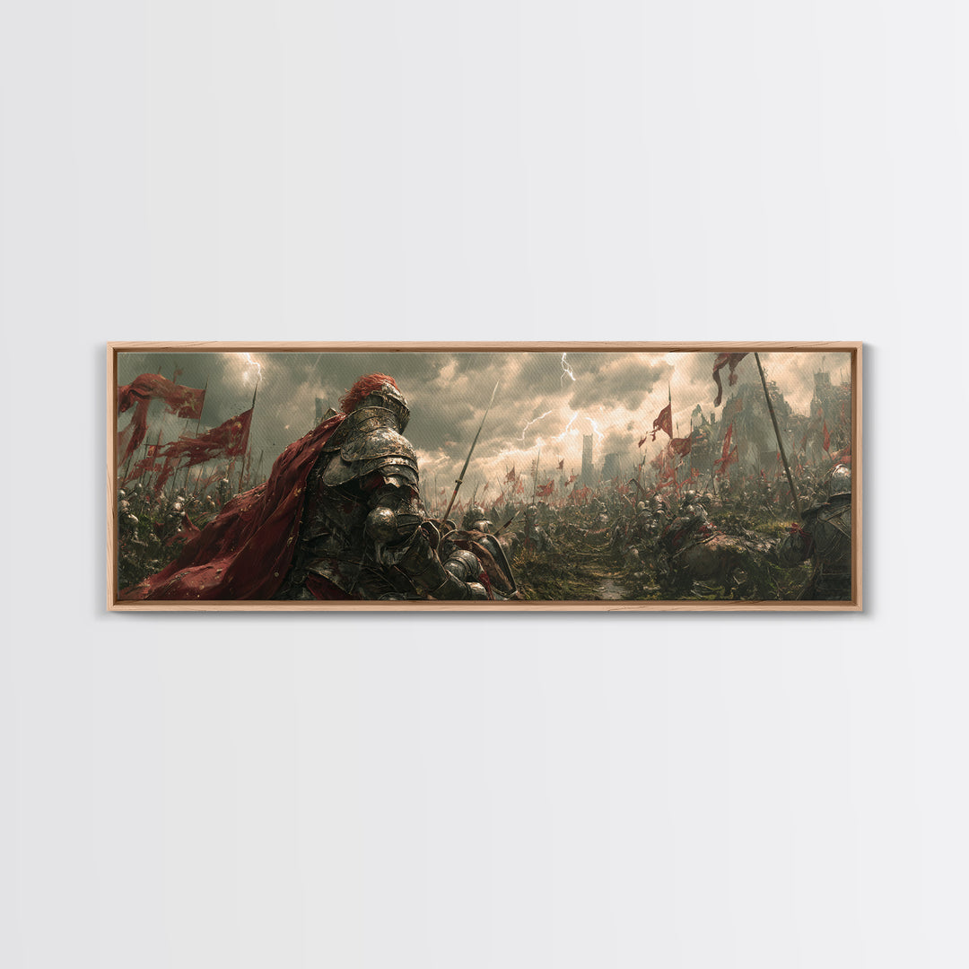 Armored Knight On Stormy Battlefield Framed Canvas Print, Medieval Fantasy Wall Art, Warrior Decor, Gift For Him, Man Cave Decor
