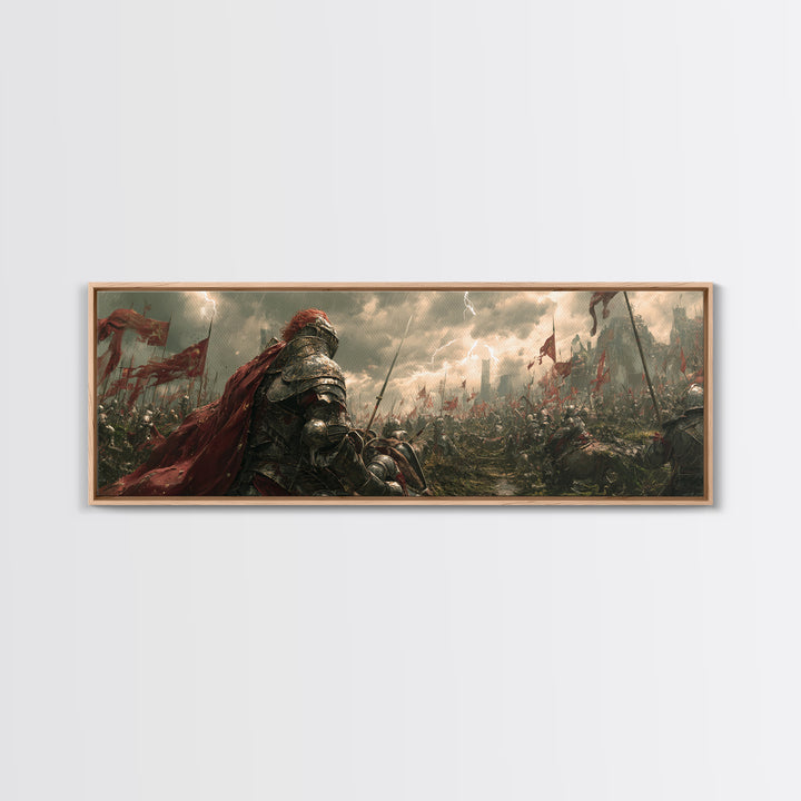 Armored Knight On Stormy Battlefield Framed Canvas Print, Medieval Fantasy Wall Art, Warrior Decor, Gift For Him, Man Cave Decor