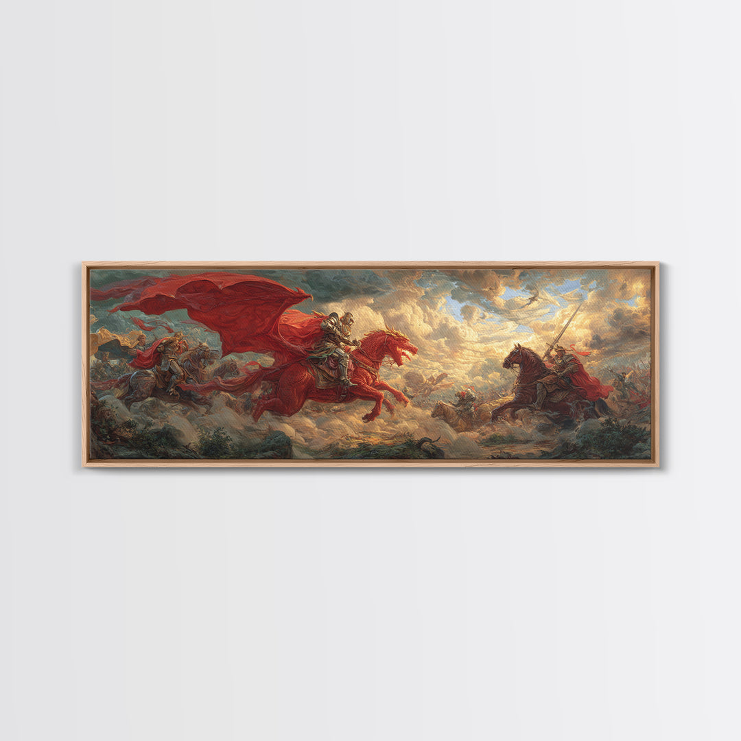 Red Cavalry Charge Across Battlefield Framed Canvas Print, Medieval Fantasy Wall Art, Warrior Decor, Statement Artwork Gift
