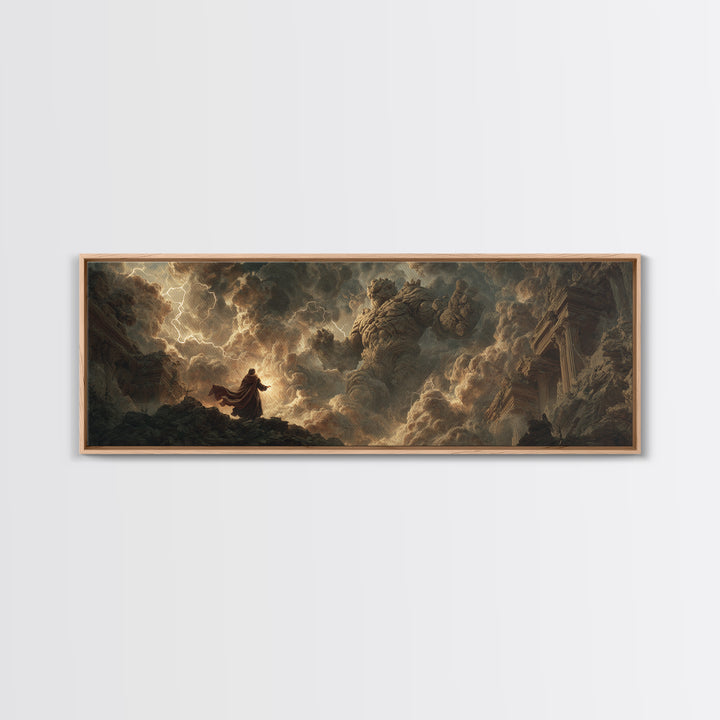 Dramatic Stormy Scene With Giant Stone Creature And Wizard Fantasy Painting Canvas Print Statement Wall Art For Fantasy Fans
