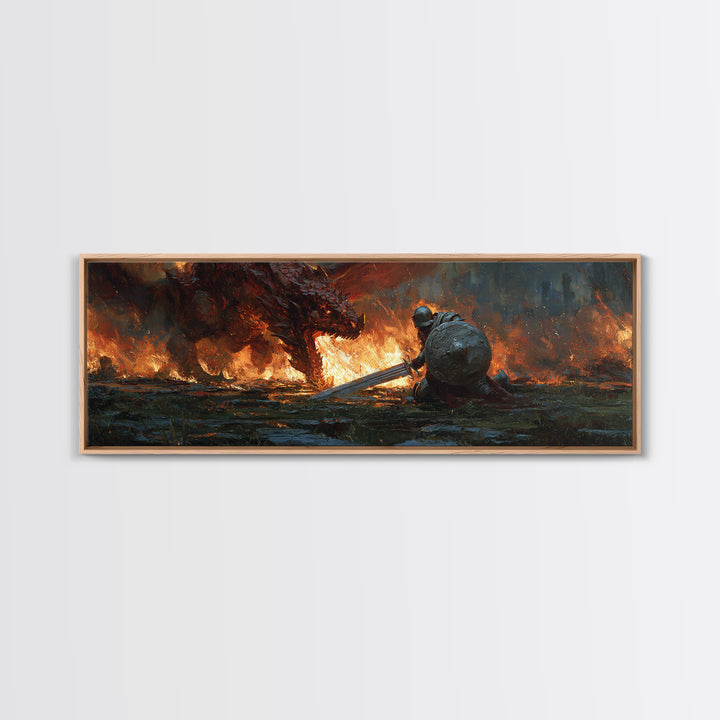 Heroic Knight Facing Fiery Dragon Fantasy Battle Scene Canvas Print Modern Wall Art For Living Room Or Game Room Decor