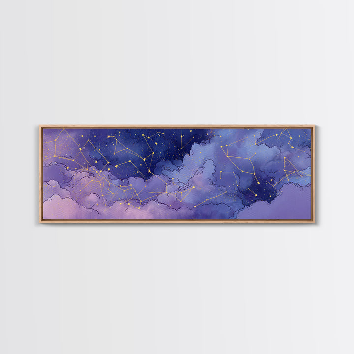 Purple Night Sky With Gold Constellations Wall Art, Celestial Wall Decor, Astronomy Art Print, Large Horizontal Canvas Print