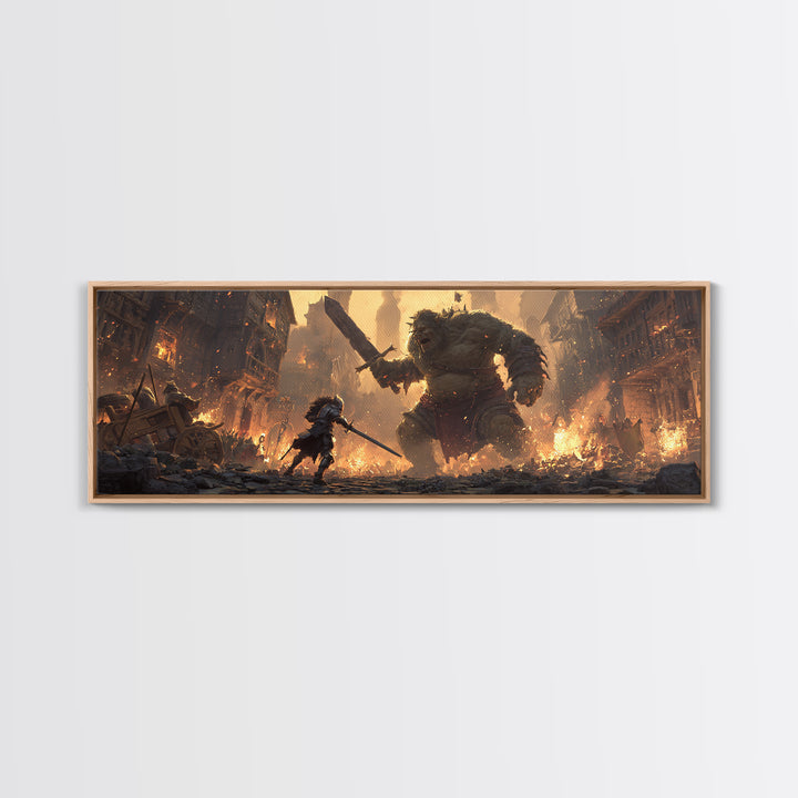 Fantasy Art Scene Of Knight Fighting Giant Ogre In Burning Medieval Town Wall Art Framed Canvas Print